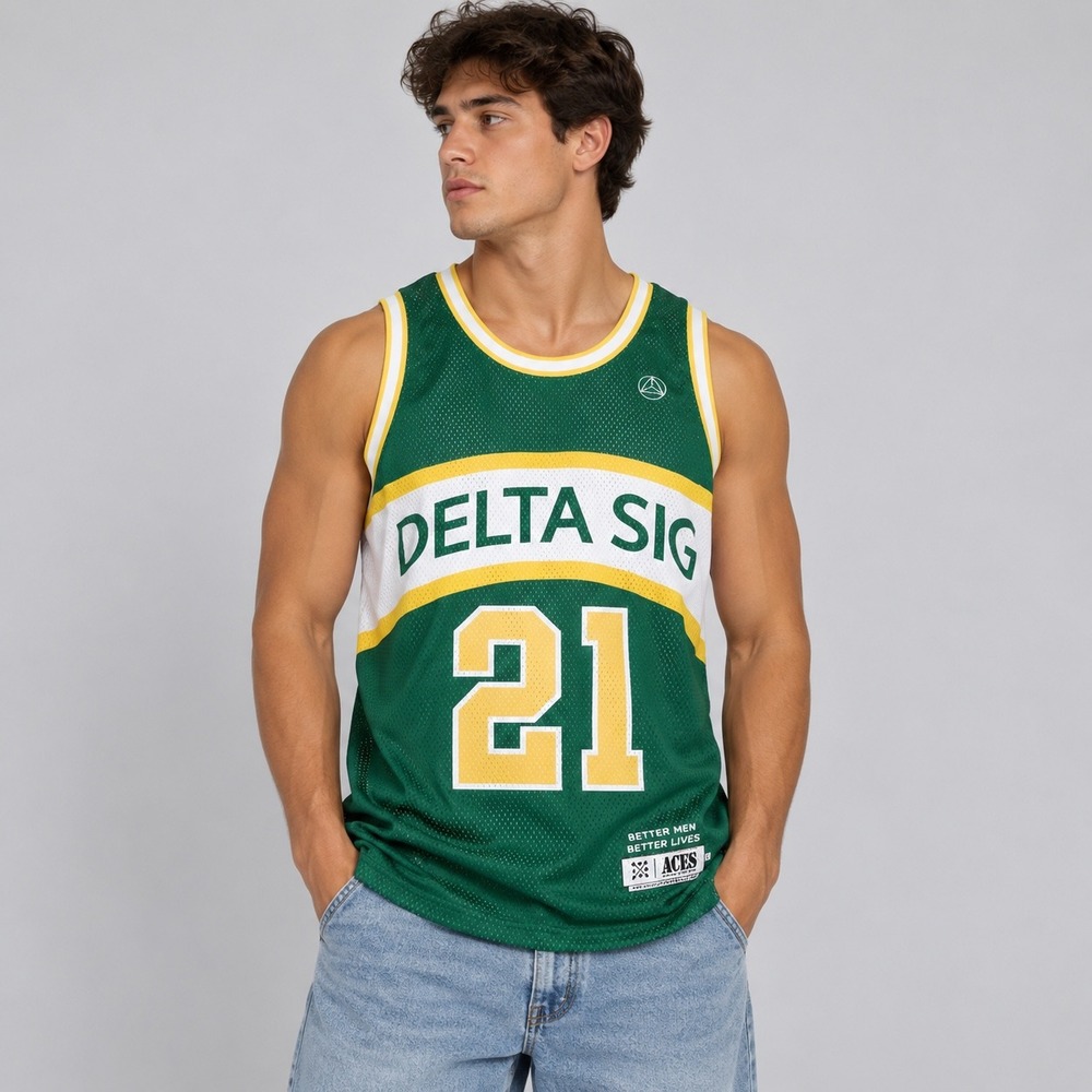 Delta Sig Fraternity Jersey Mens Large Green Rush 21 Aces Greek Life Basketball